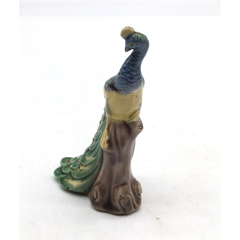 Chinese Ceramic Porcelain Peacock  figurine Green Blue Yellow 4.75" High